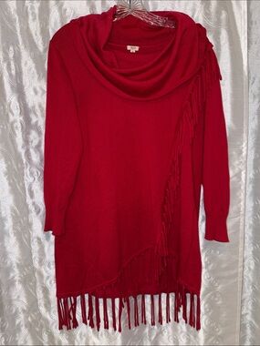 Reba Red Fringe Cowl Neck Sweater Tunic - Women Size XL 🔥 G10